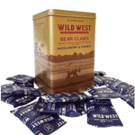 A square gold tin of Wild West Bear Claws chocolate nut clusters with multiple packets scattered around its base on a white background.