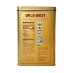 A gold metal canister of Wild West Sweetened Only with Fruit chocolate bar packaging, showing the back panel with nutrition facts, logos, and product details on a white background.
