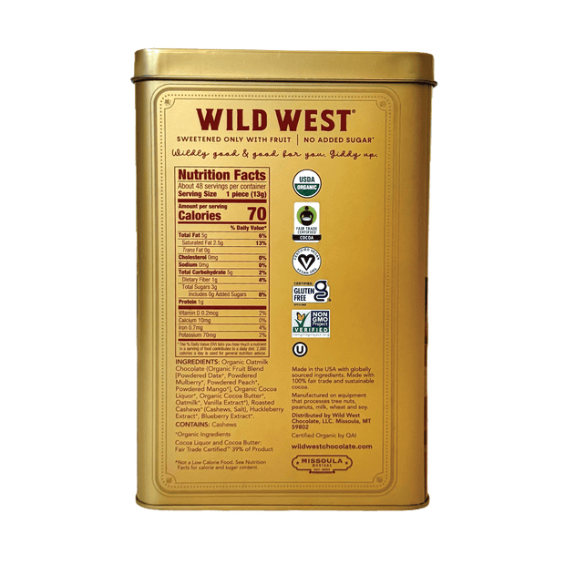 A gold metal canister of Wild West Sweetened Only with Fruit chocolate bar packaging, showing the back panel with nutrition facts, logos, and product details on a white background.