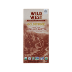 Wild West Goldstruck Hazelnut Butter chocolate bar packaging, featuring a sepia-toned western illustration of a rider on horseback and a cowboy in a landscape, with the brand name 'Wild West' in bold red letters at the top.